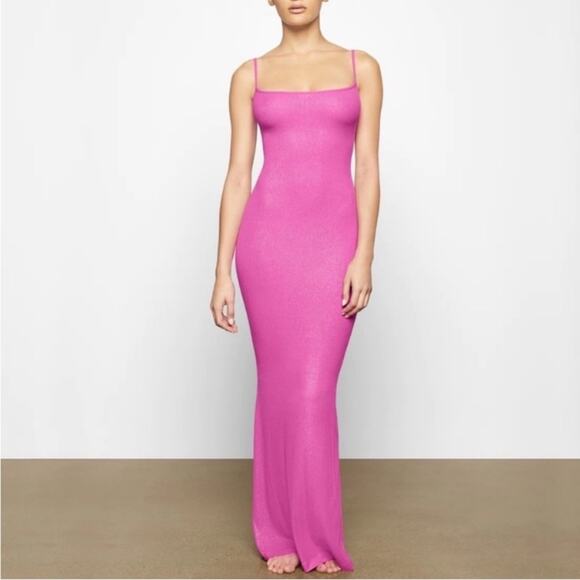 SKIMS Dresses & Skirts - SKIMS | Ribbed Long Slip Maci Dress Fuchsia Foil Pink Shimmer Lounge Large
